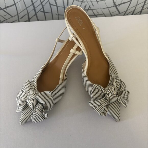 ZARA Slingback Striped Bow Pointed Toe Heels Ivory Fabric - Picture 2 of 8